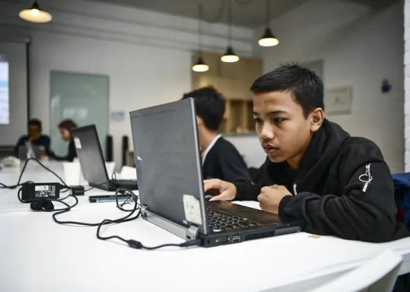 Faizal, 14, attended a computer programming training with Markoding in the Wimo building, South Jakarta, Indonesia on 8 February, 2020.