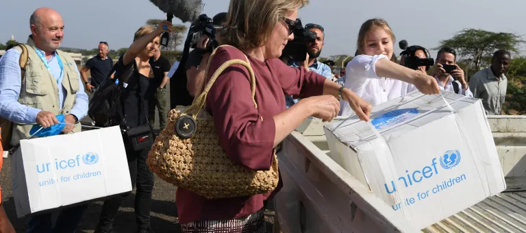Visit by H.M. Queen Mathilde of Belgium, and princess Elisabeth of Belgium, to Kakuma Refugees Camp in Kenya.  They visited the Furaha & Early Childhood Development Centre, where the game and therapy program helps to identify traumas and provide psychosocial support to young children, some of whom are sole members of the camp, without any family.