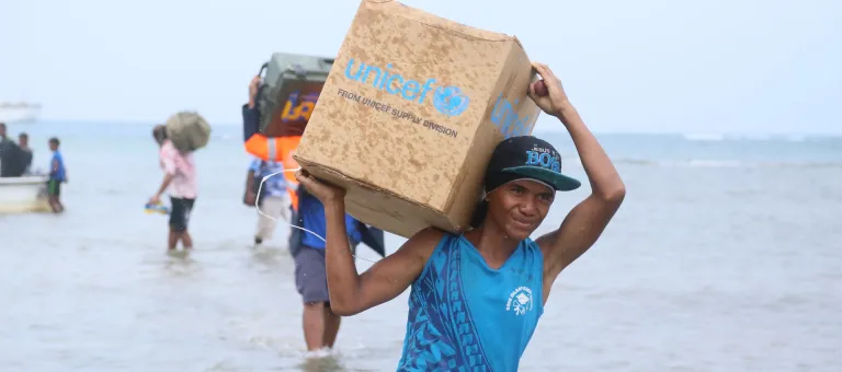 On 23 February 2016, UNICEF WASH supplies are offloaded from The Iloilovatu, a chartered vessel that Fiji Government arranged to carry emergency relief supplies to Koro Island, one of the worst affected islands hit by Cyclone Winston on 20th February 2016. Initial assessments also being conducted by teams on the impact of Cyclone Winston.