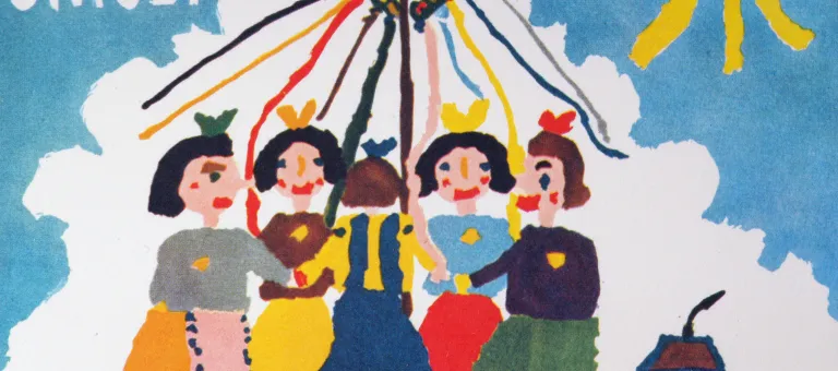 A painting by seven-year-old Jitka Samkova of Czechoslovakia shows five girls dancing around a maypole. The word 'UNICEF' appears in the upper-left corner, a sun is in the sky and a small house is in the distance. The painting was reproduced on the first official UNICEF greeting card.